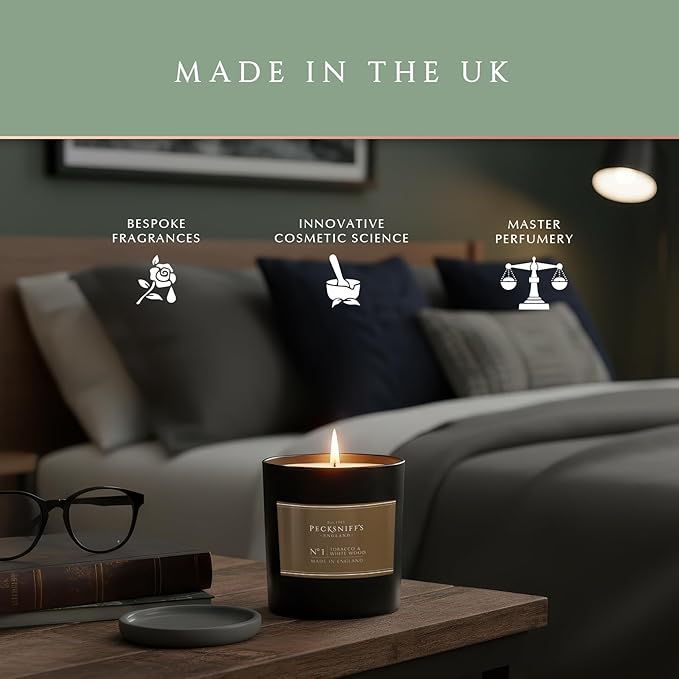 Pecksniff’s Tobacco & White Wood Scented Candle – 1 Wick, 184 g/6.49 oz – Oriental Luxury Fragrance – Black Glass Vessel – Made in England