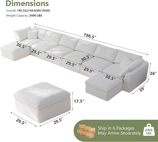 Boneless Cloud Couch Modular Sectional Sofa with Deep Seat for Living Room, L Shape Couch with Ottoman, Snowflake Cloth and 40D Memory Sponge,2 Throw Pillows (White, 6 Seater+2 Ottoman)