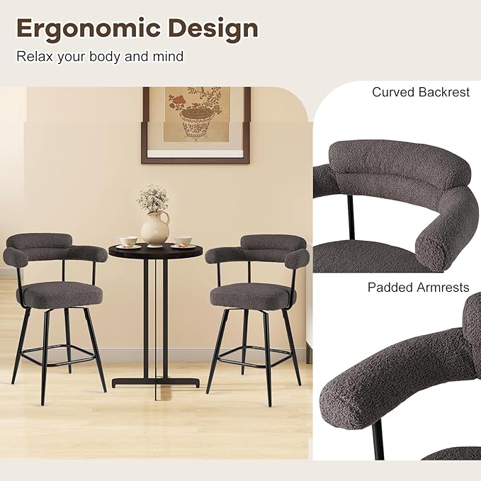 COSTWAY Counter Height Bar Stools Set of 2, 27" Swivel Modern Upholstered Counter Chairs with Boucle Fabric, Curved Backrests & Metal Legs, for Kitchen Island, Home (2, Grey + Black)