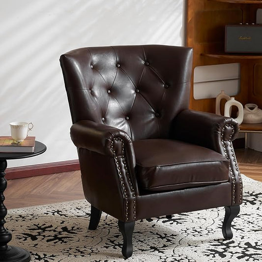 Modern Faux Leather Accent Chair, Upholstered Mid-Century Armchair with Solid Wood Legs, Single Sofa Chair for Living Room, Bedroom, or Reading Room(Caramel)