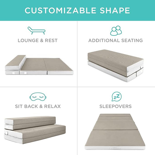Best Choice Products 4in Portable Queen-Size Mattress, Tri-Fold Mattress for Camping, Guest, Toddler, Foam Plush w/Carry Case - Taupe