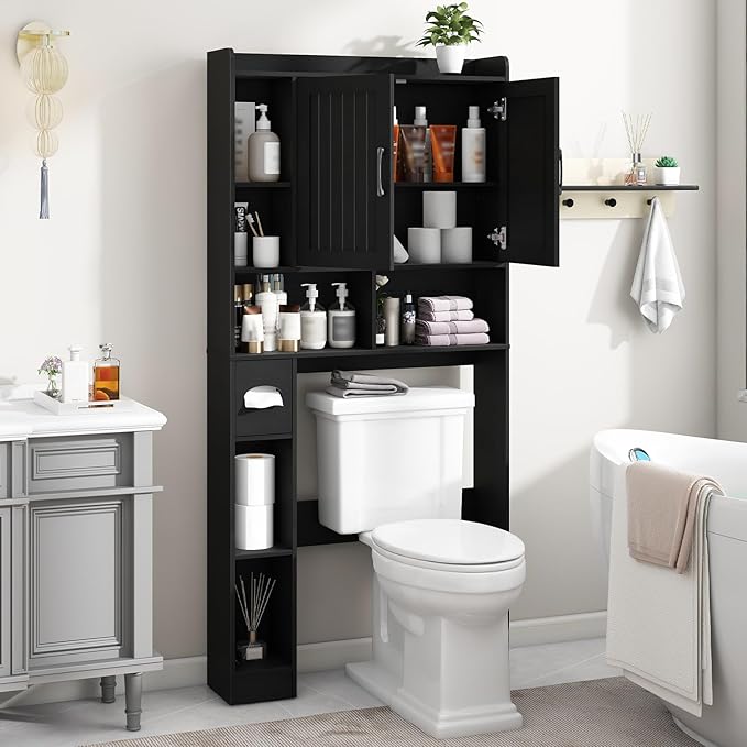 Vabches Over The Toilet Storage Cabinet, Farmhouse Storage Cabinet Over Toilet with Barn Door, Home Space-Saving Toilet Rack, for Bathroom, Restroom, Laundry(Black).