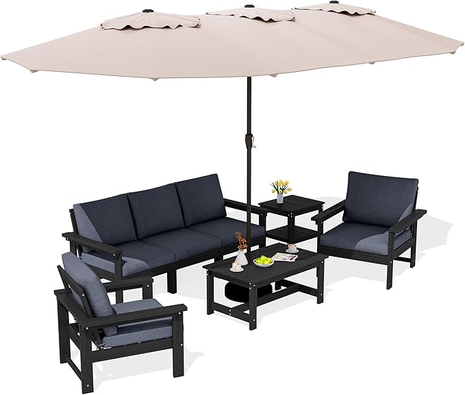 SERWALL HDPE Patio Furniture Set with 15FT Double Side Patio Umbrella, 7-Piece Outdoor Modular Sectional Sofa Set, All Weather Patio Couch Set for Deck, Black & Grey(Umbreall Base not Included)