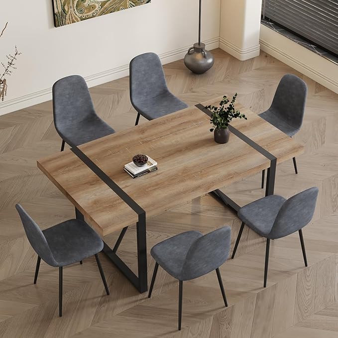 Dining Table Set for 6,Dinner Table Set for 6,71'' Kitchen Table and Suede Nap Fabic Chairs Set of 6,6 Chair Dining Table Set for Kitchen Dining Room