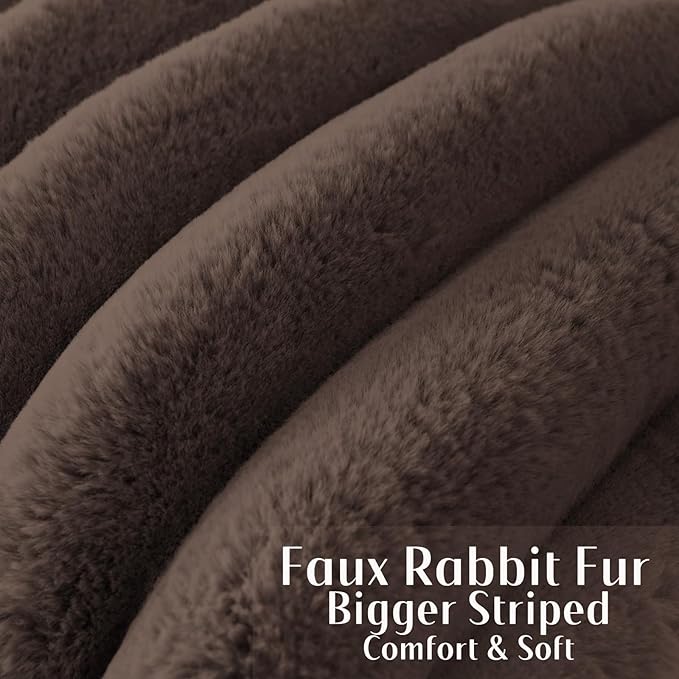 FUTEI Dark Coffee Decorative Throw Pillow Covers 24x24 Inch Set of 2, Square Soft Faux Rabbit Fur Big Striped Pillow Sham,Home Decor for Couch Sofa Bed Living Room