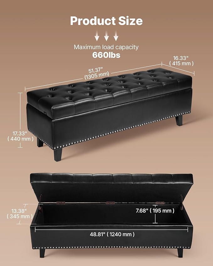 VEVOR Button-Tufted Storage Ottoman Bench, PU Leather Bench with Storage and Solid Wood Legs, Modern Shoe Benches Seat for Entryway, Upholstered End of Bed Benches for Living Room, Dining Room, Black