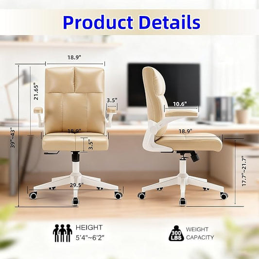 Ergonomic Desk Chair with Space Saving Flip-Up Arms, 360° Swivel & Reclining Back, High-Back Executive Chair in Soft Faux Leather for Office&Study (Khaki)