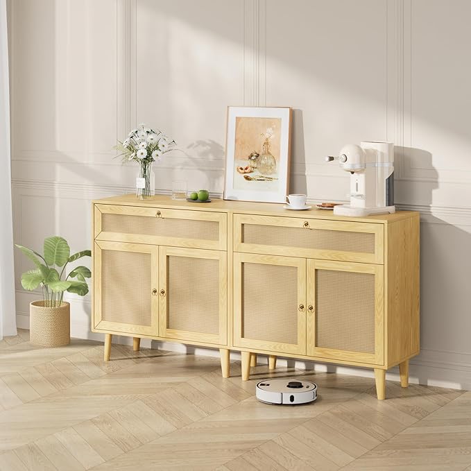 Storage Cabinet with Rattan Decor Doors & Drawer, Modern Bathroom Floor Storage Cabinet Organizer, Freestanding Cupboard for Kitchen/Living Room Use