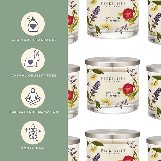 Pecksniff’s 3 Wick Candle – Jasmine & Hyacinth, 550 g / 19.4 oz – Long Lasting Burn, Elegant Home Decor & Relaxing Ambiance