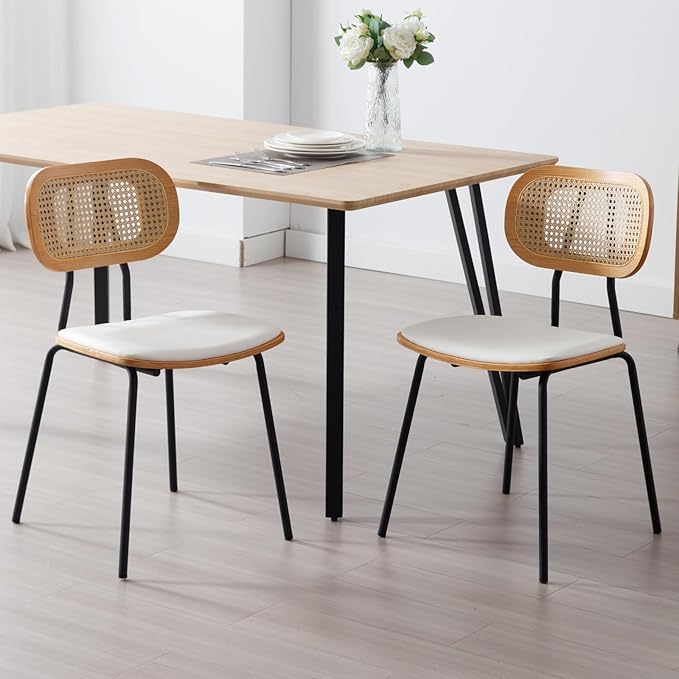 Mid-Century Modern Rattan Cane Back Dining Chairs Set of 2 β PU Leather Upholstered Seat, Black Metal Legs, Kitchen Side Chairs for Kitchen & Dining Room, White
