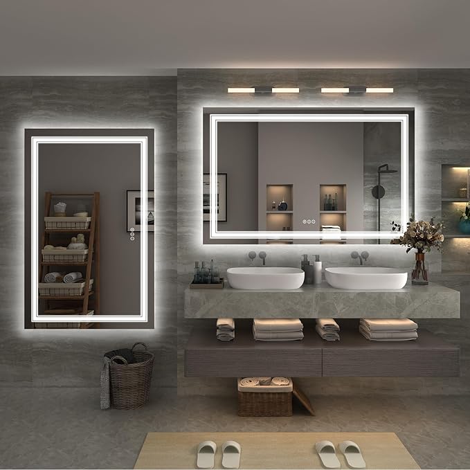 55x36 inch Large LED Mirror for Bathroom, Lighted Vanity Mirror for Wall, Dimmable, Anti-Fog, Shatter-Proof, ETL Listed (Front Lights + Backlit)