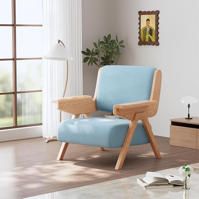 Mid Century Modern Accent Chair Set of 2, Fabric Upholstered Lounge Arm Chairs with Solid Wood Frame for Living Room, Bedroom, Office, Reading Corner (Blue)