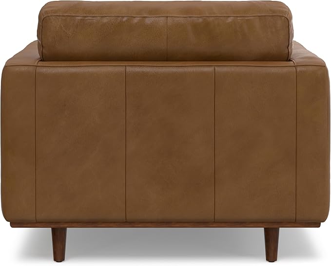 SIMPLIHOME Morrison Accent Chair - 43 inch Wide Upholstered Top Grain Genuine Leather Mid-Century Modern Arm Chair with Solid Wood Frame in Caramel Brown, for Living Room with 2 Bolster Pillows