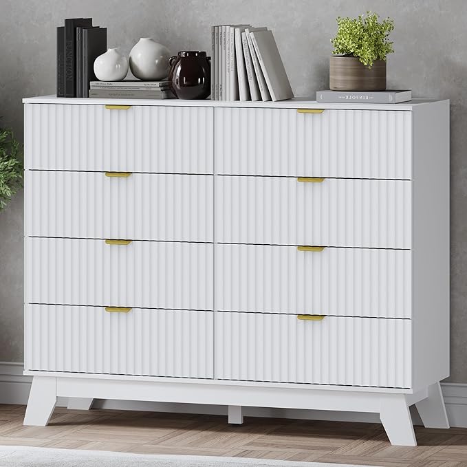Fluted 8 Drawer Tall Dresser, 47.2" Wide Modern Boho Chest of Drawers, Wooden Storage Dresser TV Stand for Bedroom, Living Room, Closet, Hallway, Curved Profile Design