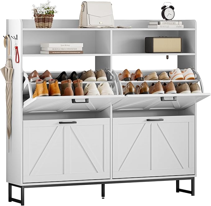Shoe Cabinet Storage for Entryway, Shoe Storage Cabinet with 4 Flip Drawers, Freestanding Narrow Shoe Rack Organizer with Metal Legs, Adjustable Shelves & Open Storage for Foyer, Hallway, White
