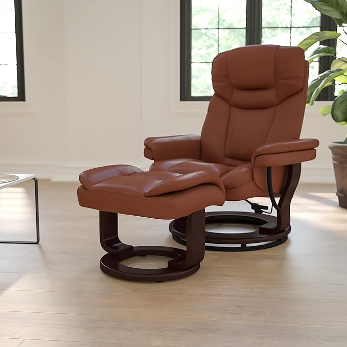 Flash Furniture Allie LeatherSoft Upholstered Recliner with Footrest, Arms, and Headrest, Padded Swivel Recliner Chair and Ottoman Set, Brown Vintage