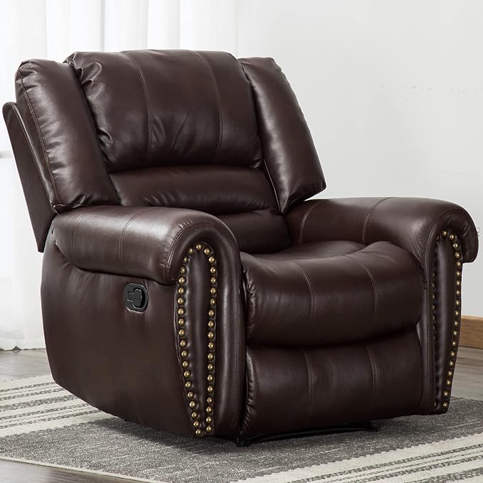 CANMOV Leather Recliner Chair, Classic and Traditional Manual Recliner Chair with Comfortable Arms and Back Single Sofa for Living Room, Brown
