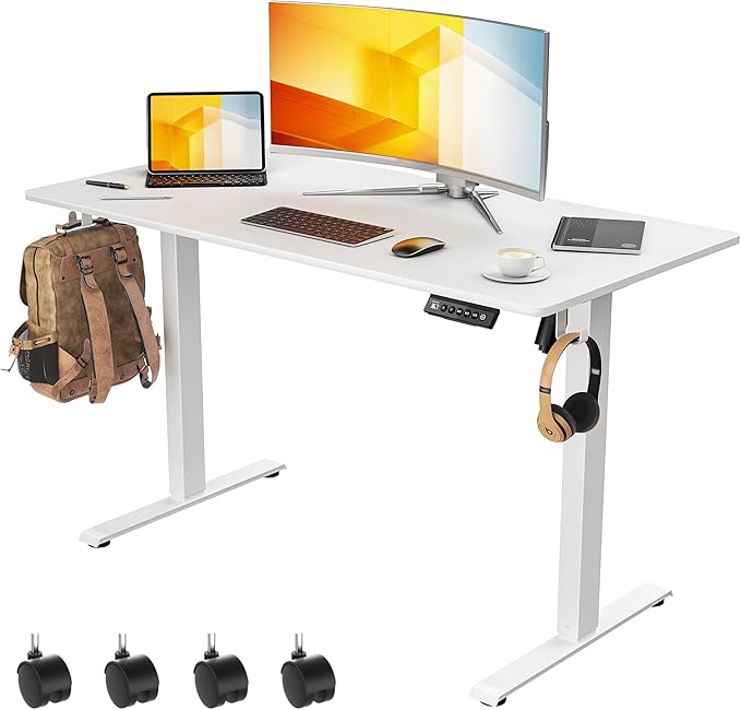 48 x 24 inch Electric Standing Desk Adjustable Height with 4 Wheels, 4 Memory Height Settings, 2 Headphone Hook, for Home Office, Splice Board White