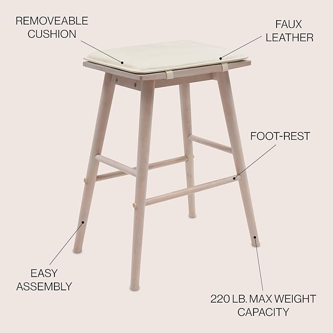 JONATHAN Y BSL2002B Peroni 30.5" MidCentury Classic Saddle-Seat Solid Wood/Vegan Leather Backless Bar Stool with Removeable Cushion for Pool, Deck, Poolside, Brown/Light Teak (Set of 2)