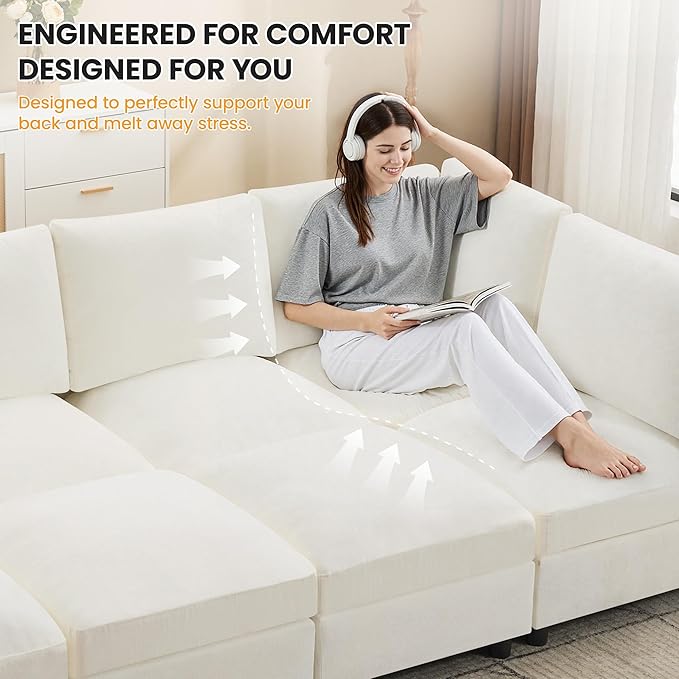 Modular Sectional Cloud Sofa Bed, 6-Seater Convertible Sofa Couch with Ottoman, Modern Deep Seat Sleeper Sofa for Living Room, Chenille Beige