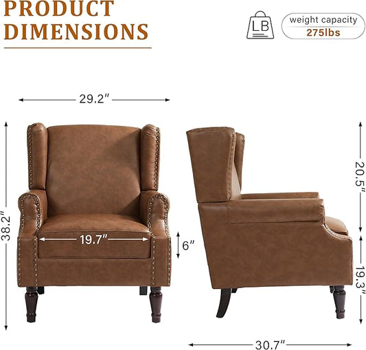 Faux Leather Wingback Accent Chair, High Back Upholstered Armchair, Comfy Fabric Wingback Arms Chairs with Solid Wood Legs, Single Sofa Reading Chair for Bedroom Living Room, Brown