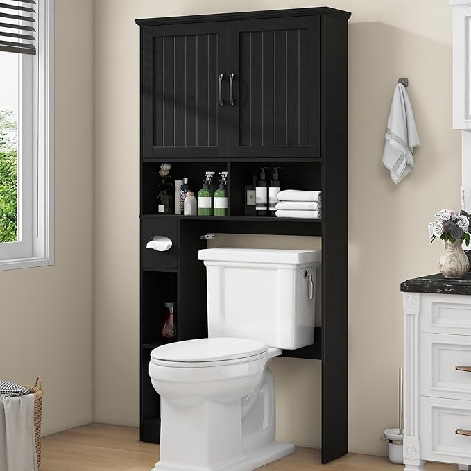Over The Toilet Storage Cabinet, Farmhouse Storage Cabinet Over Toilet with Barn Door& Toilet Paper Holder Stand,Home Space-Saving Toilet Rack, for Bathroom, Restroom, Laundry.Pure Black