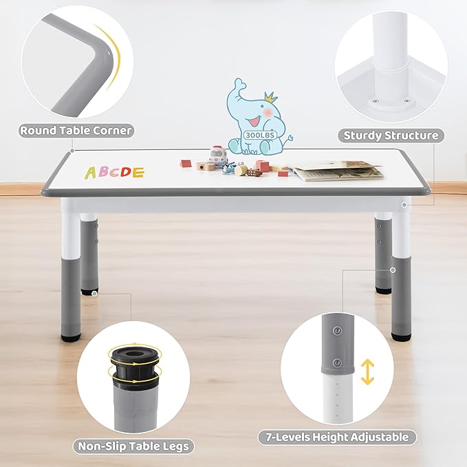 Toddler Table, 7 Level Height Adjustable Kids Play Furniture for Ages 3-8, Rectangular Plastic, 23.6" W x47.2 L, Multi-Activity Desk with Graffiti Desktop for Home & Daycare