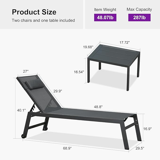 PURPLE LEAF Outdoor Oversized Lounge Chair Set of 3 Patio Chaise Pool Lounger Aluminum Frame with Side Table and Wheels for Outside Sunbathing Tanning Recliner Including Pillows Gray