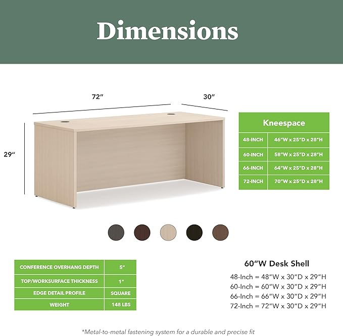 HON MOD Executive Desk 72-Inch Large Computer Desk Shell, Thick Wooden Laminate, Modern Table with Cord Management, 72" W x 30" D x 29" H, Desert Oak
