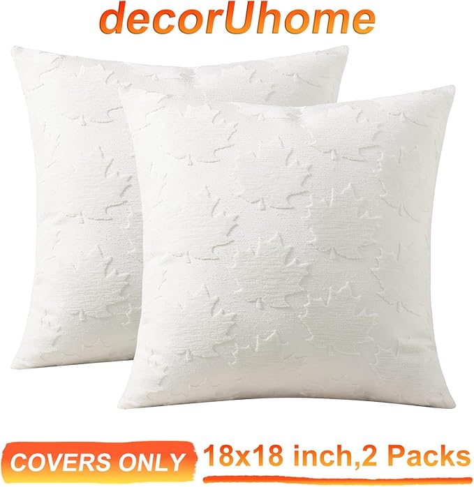decorUhome Decorative Cream White Maple Leaf Thanksgiving Throw Pillow Covers 18x18 Set of 2, Soft Chenille Jacquard Farmhouse Textured Pillow Covers for Couch Sofa Autumn Harvest Halloween Holiday
