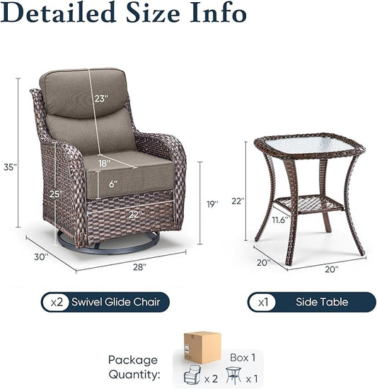 Belord Luxury 6" Thick Cushioned Outdoor Swivel Rocker Patio Chairs with Side Table, 3 Pieces High Back Wicker Furniture Set with Ergonomic Back, Conversation Gliders Set for Deck Porch - Brown+Grey