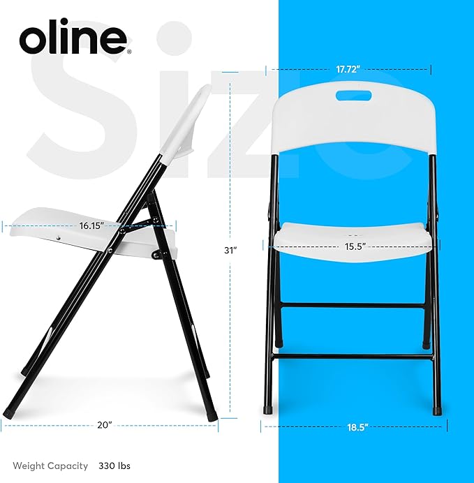 Oline Folding Chair, Indoor Outdoor Plastic Commercial Stackable Foldable Guest Chairs for Events Office Wedding Party Picnic Kitchen Dining, 350lb Capacity (White, 4 Pack)