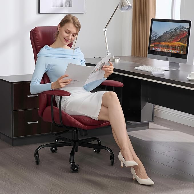 Home Office Desk Chair, PU Casters Ergonomic Computer Chair with Lumbar Support, Adjustable Height, 360°Rolling Swivel Chair, High Back Executive Task, Padded Armrests Chair, Red Leather