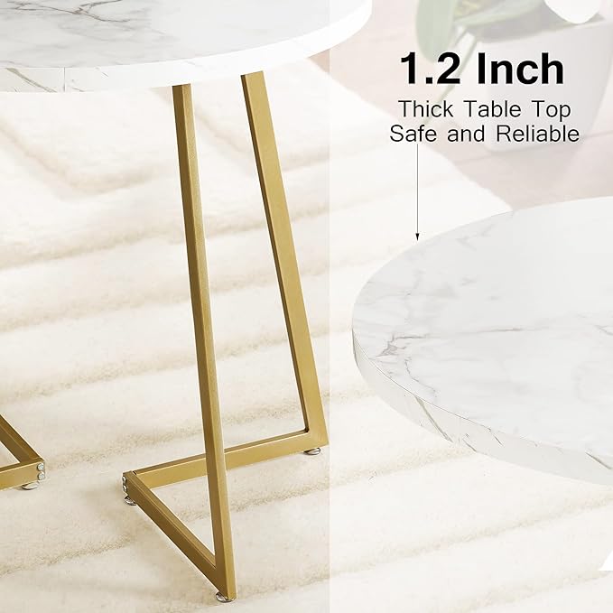 VECELO Round Dining Room Table with Wood Grain Tabletop and Steel Frame, for Kitchen, Living Room, Office, Conference, 2 to 4 Person, White & Gold