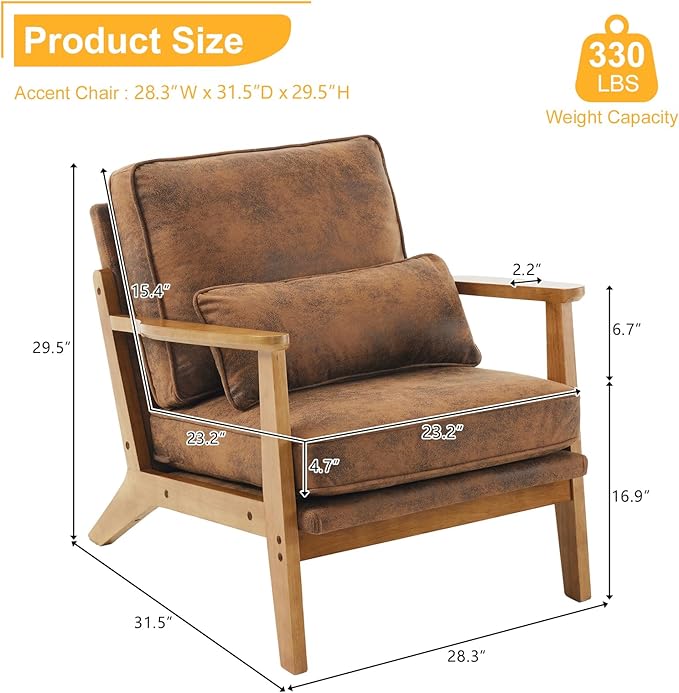 Karl home Accent Chair Wide Armrest Mid-Century Lounge Chair Bronzing Cloth Armchair with Lumbar Pillow & Solid Wood Frame for Living Room, Bedroom, Balcony, Brown