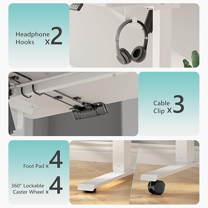 48 x 24 inch Electric Standing Desk Adjustable Height with 4 Wheels, 4 Memory Height Settings, 2 Headphone Hook, for Home Office, Splice Board White