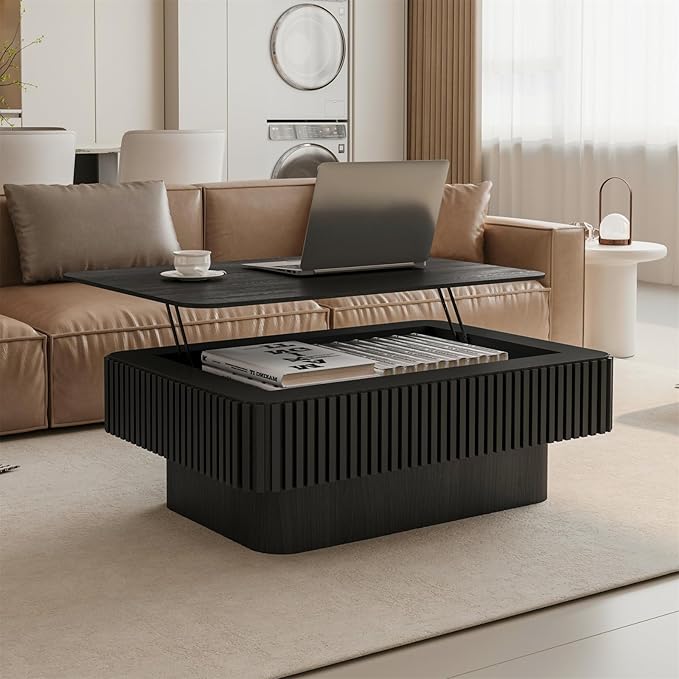 Lift Top Coffee Table for Living Room, Fluted Coffee Tables with Storage, Solid Wood Veneered Modern Accent Tea Center Table for Small Space Apartment (Black-38.6''D×26.8''H)