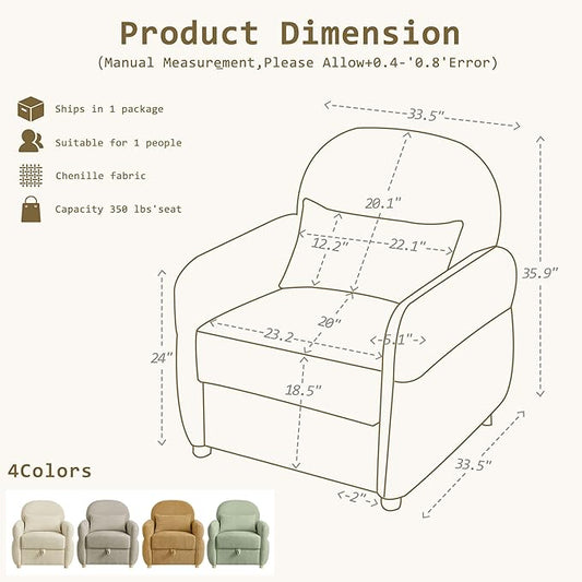 33.5" Mordern Accent Chairs,Reading Chair with Storage,Single Sofa in Chenille Fabric for Living Room, Bedroom and Compact Spaces. (Beige)