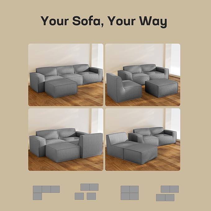 Marsail Modular Sectional Sofa, 111" L-Shaped Modular Sectional Couch with Deep Seat, Freely Combinable Sectional Cloud Sofa for Living Room, No Assembly, Plush Corduroy Fabric, Grey