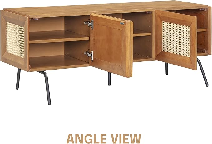 NTC Mossic TV Media Cabinet with 3 Doors for TVs, Entertainment Center with Natural Rattan, Metal Legs, Modern Storage Console for Living Room and Bedroom, Effortless Assembly, Teak Look