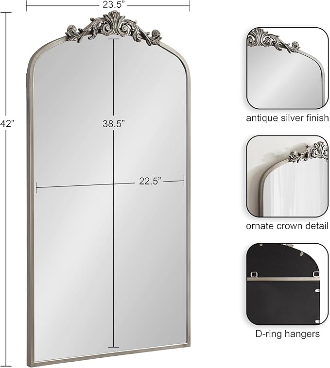 Kate and Laurel Arendahl Glam Arched Tall Panel Mirror; 24 x 42; Silver; Traditional Baroque Large Body Wall Mirror with Ornate Garland Inspired Crown