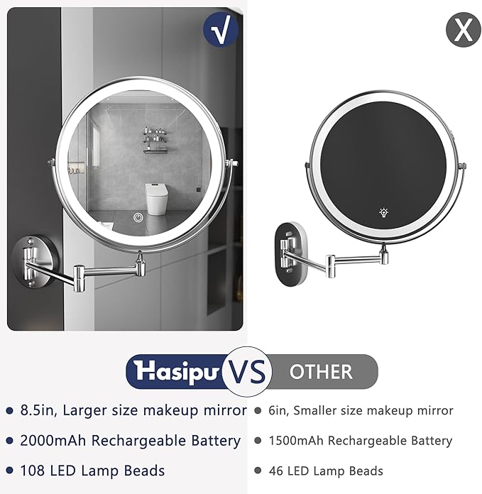 Hasipu 8.5-Inch Wall Mounted Makeup Mirror with Magnification, Rechargeable 2000 mAh Vanity Mirror with Lights, Bathroom Mirror with Dimmable Brightness, 3 Lighting Modes, Extendable Arm, Chrome