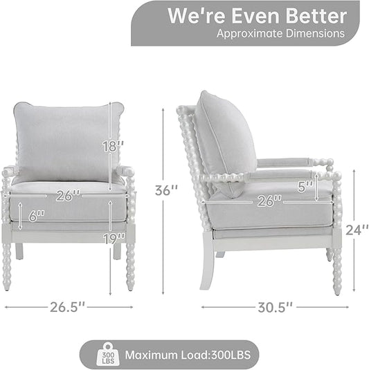 Morden Fort Linen Fabric Spindle Accent Chairs Set of 2, French Style Chairs with High Resilience Spring Cushion and Armrest Pads, Leisure Armchair for Living Room Bedroom Farmhouse Office Balcony