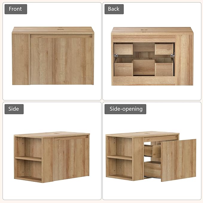 Bathroom Vanity, Natural Color Wall-Mounted Bathroom Vanity with Hidden Drawer (Nature Without Sink, 36")