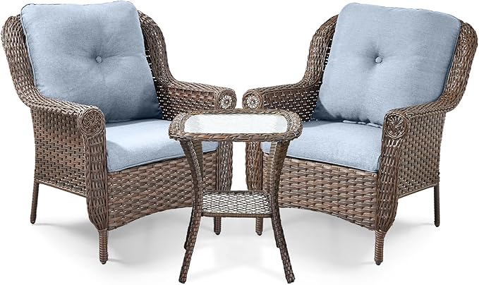 3 Piece Patio Brown Wicker Chairs with Side Table - Outdoor High Back Heavy Duty All-Weather Lawn Dining Rattan Chair Conversation Bistro Set for Deck Porch Balcony Backyard Garden - Baby Blue