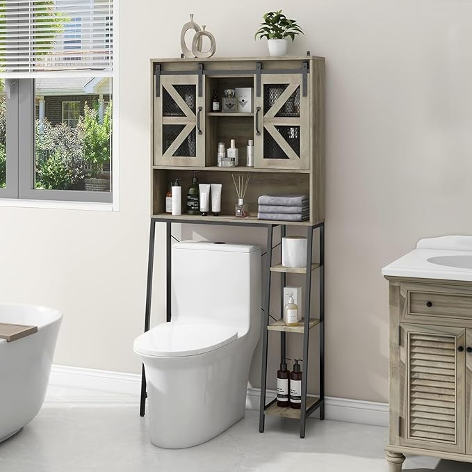 Over The Toilet Storage Cabinet, Farmhouse Storage Cabinet Over Toilet with Sliding Barn Door,Home Space-Saving Toilet Rack, for Bathroom, Restroom, Laundry(Grey).