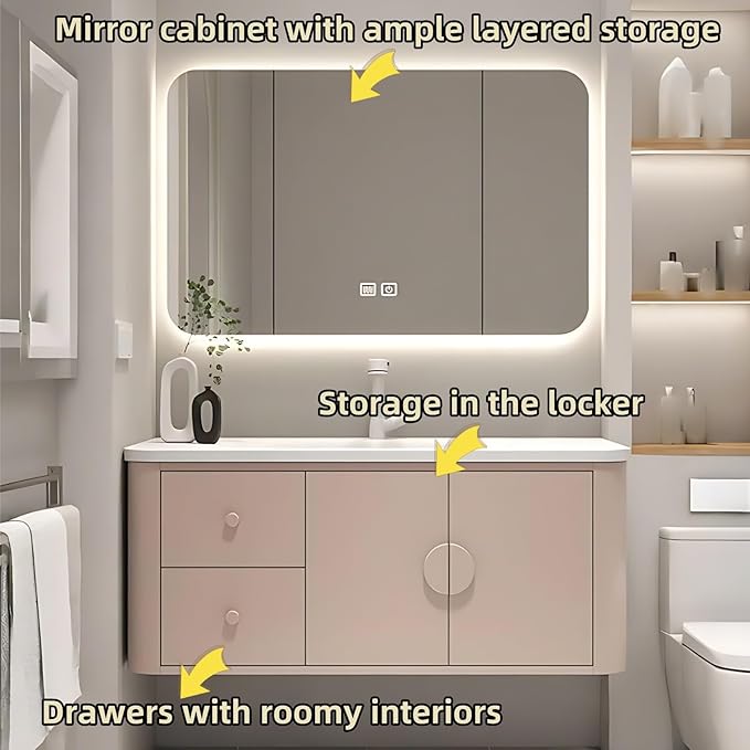 44IN Pink Modern Bathroom Vanity - Bathroom Vanities Set with 2 Drawers Wall Mounted | Rounded Corner Smart Defogging Mirror Cabinet with Lighting & Time Display, Side Opening Storage Shelf (Style A)