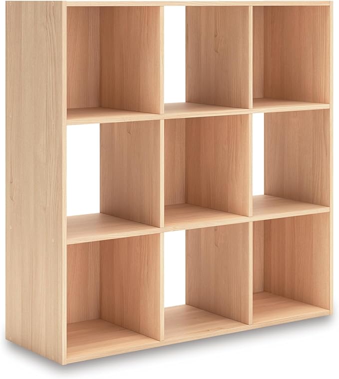Signature Design by Ashley Piperton Contemporary 3-Tier Floor Standing 9 Cube Organizer for Living Room, Wood, Works with 10.5 W x 10.5 D x 11 H Storage Bin (Sold Separately), Light Brown