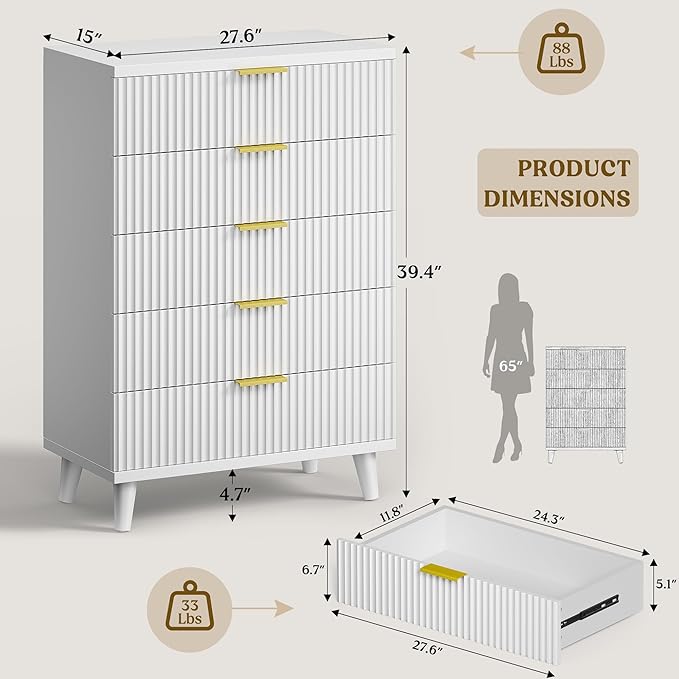 Lulive White Dresser for Bedroom Wood Tall Dressers Drawers, Fluted Modern Dresser 5 Drawers White