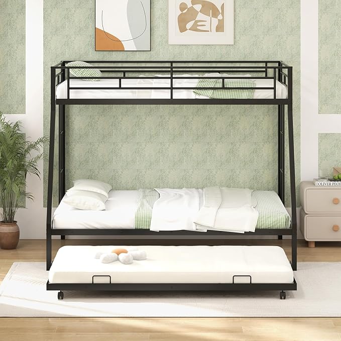 Giantex Twin Over Full Bunk Bed with Trundle, Heavy-Duty Metal Triple Bunk Beds w/Two Side Ladders & Safety Guard Rail, 3 in 1 Bunk Beds for Kids Teens, No Box Spring Needed, Black